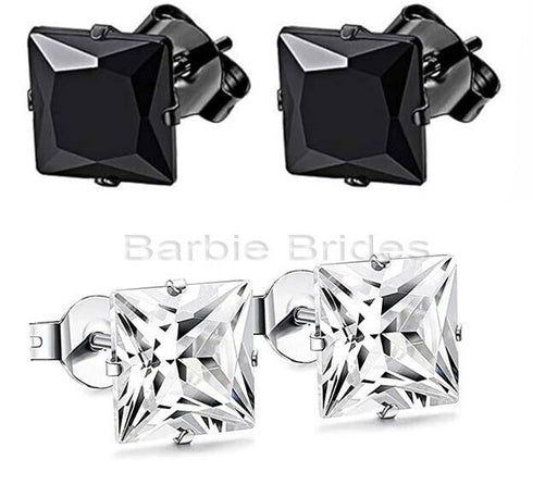 2 Pairs of 316L Surgical-Steel Black & Silver Square CZ Men Women Stud Earrings